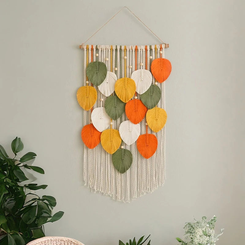 Macrame Tapestry Wall Hanging - Hand Woven Boho Tapestry Fall Leaves Wall Decor, For Bedroom Living Room Dorm