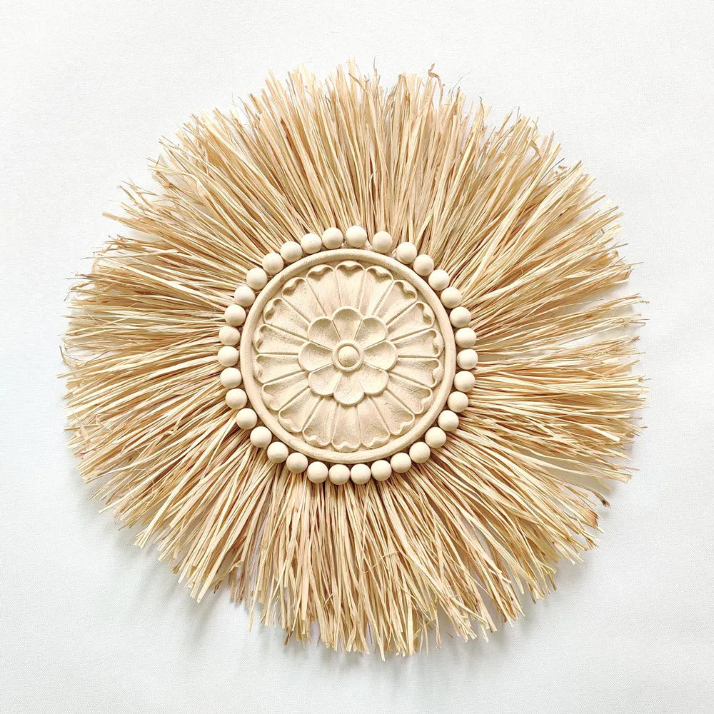 INS Boho Handmade Woven Straw Wall Decor Moroccan Wood Beads Wall Hanging Ornament Round Nordic Home Decoration for Living Room
