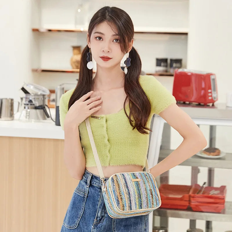 Trendy Ladies Straw Woven Bag Fashion Knitting Beach Bag Summer Travel Purse Handbag Ethnic Style Female Shoulder Crossbody Bags