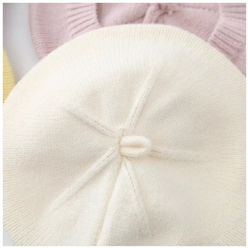 Baby Floral Beret Hat Knitted Woolen Beanie Hat Autumn Winter Warm Artist Painter Cap Princess Style Kids Girls Flower Beret Hat
