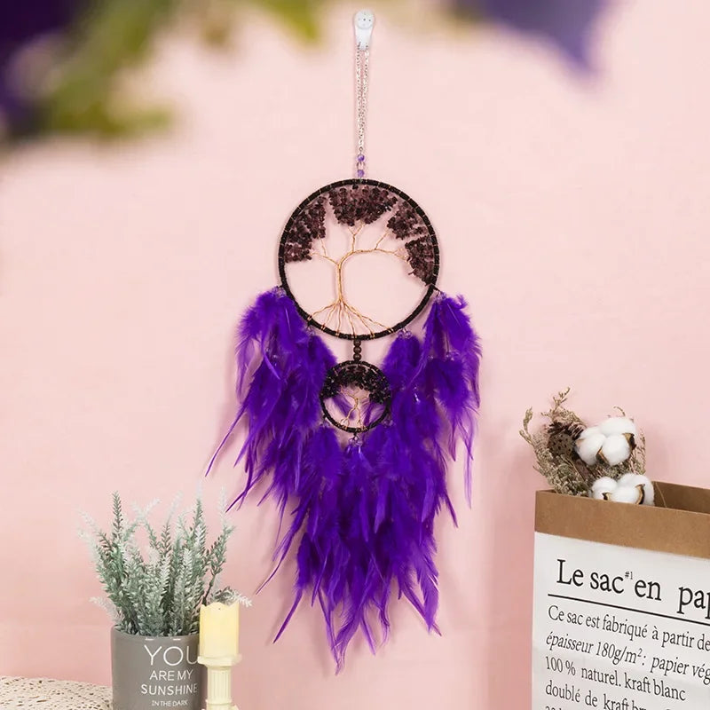 Tejesa Purple Dream Catcher with Healing Crystal Stones /Feather Dual Tree of Life Hanging Ornament for Home/ Bedroom /Party/ Gift