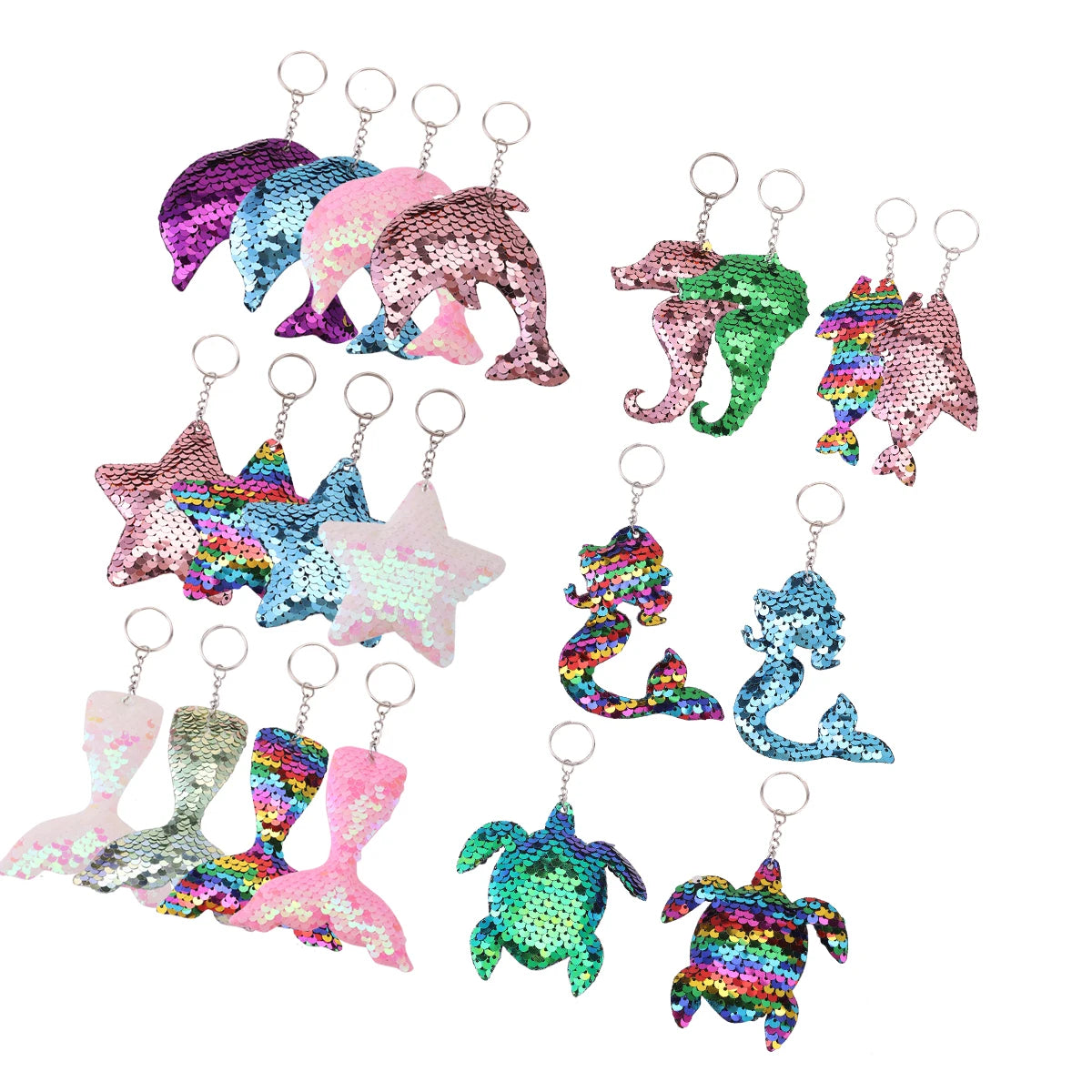 Hemasa 20Pcs Mermaid Sequin Keychains, Sparkling Flip Sequin Ocean-Themed Key Rings, Starfish Turtle Fish Tail Animal Shapes