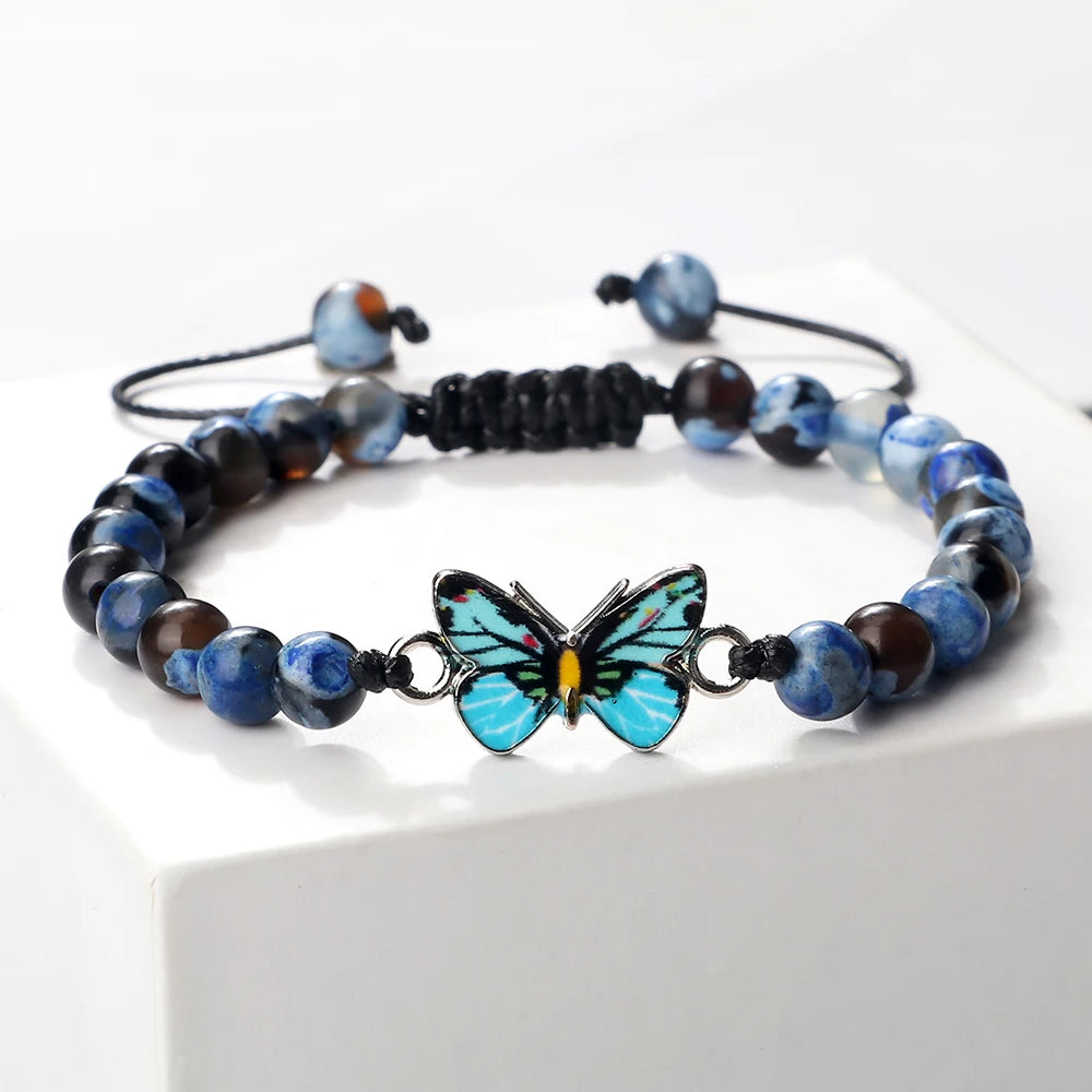 6mm Natural Stone Fashion Bracelet for Women Blue Butterfly Pendant Charm Bangles Agates Tiger Eye Lava Beads Bracelets Jewelry