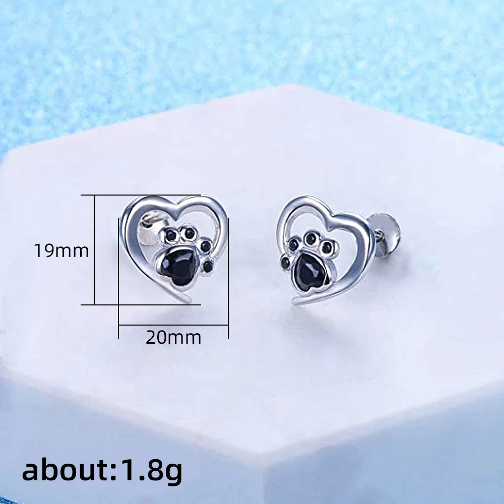 Huitan Cute Animal Cat Dog Footprints Shape Stud Earrings for Women Silver Color Heart Love Earrings Fashion Versatile Jewelry