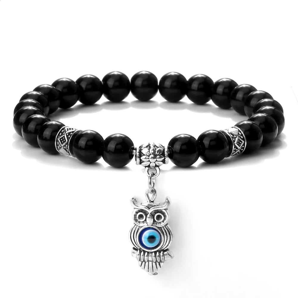 6 8mm Chakra Beads Men Bracelets Charm Owl Evil Eye Pendant Classic Tiger Eye Stone Agate Quartz Malachite Women Yoga Jewelry