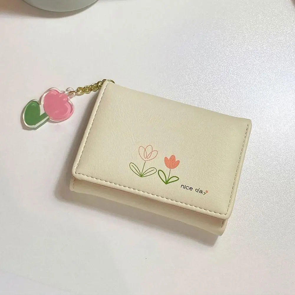 Small Wallet Tulip Short Wallet Student Triple Fold Card Holder Girl ID Bag Coin Purse Cute Wallets for Women Change Storage