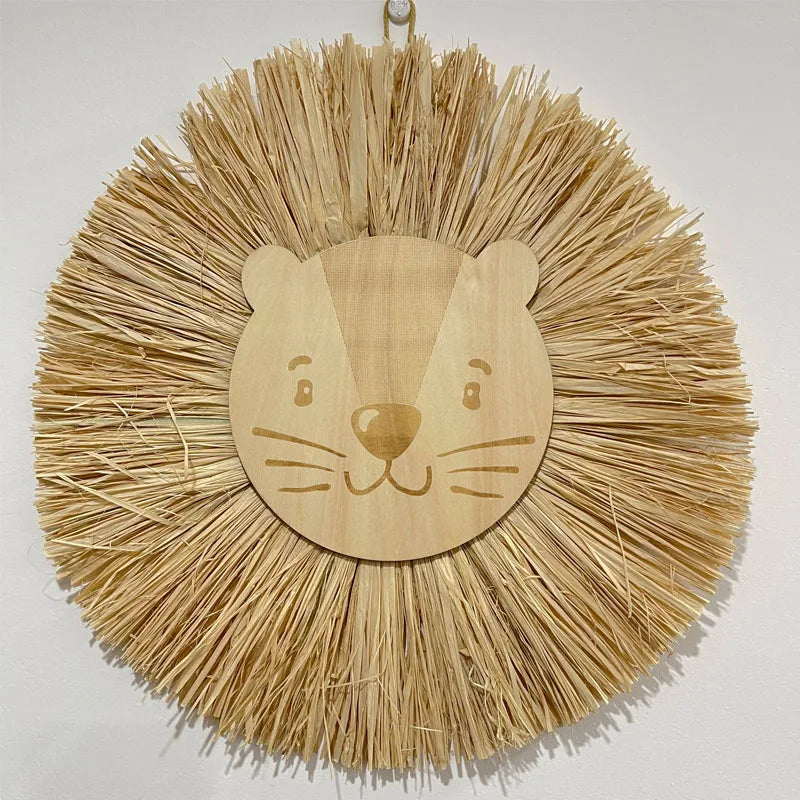 Nordic Nursery Decor Handmade Wood Straw Woven Cartoon Lion Decoration Wall Hanging Ornament for Children's Room Decoration