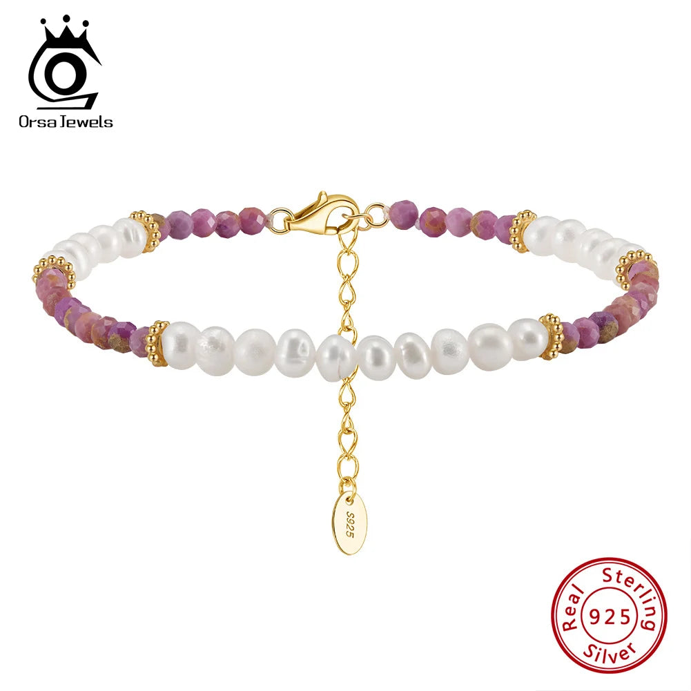 ORSA JEWELS 14K Gold 925 Sterling Silver Purple Mica Chain Bracelet with Exquisite Natural Pearl for Women Jewelry MPB02