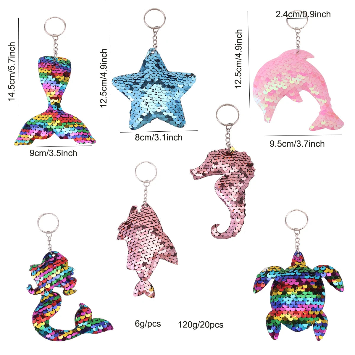 Hemasa 20Pcs Mermaid Sequin Keychains, Sparkling Flip Sequin Ocean-Themed Key Rings, Starfish Turtle Fish Tail Animal Shapes