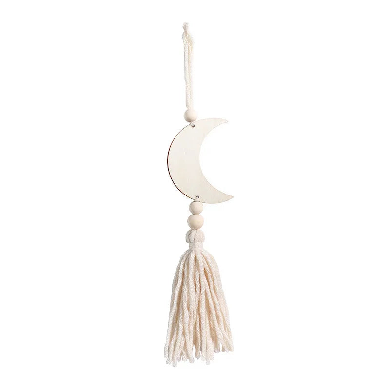 Wooden Moon Phase Wall Hanging Ornament with Tassel Wood Ramadan Home Decoration Sun Moon Star Pendant Boho Room Decor
