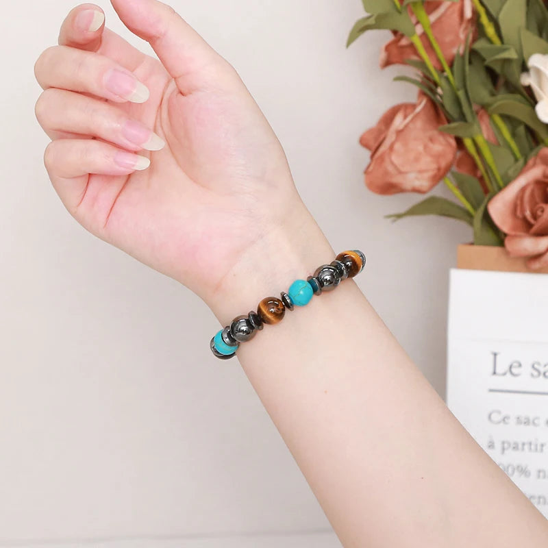 JD Natural Stone Yellow Tiger Eye Black Hematite Stone Turquoise Mixed Design Strand Bracelet Women Men Reiki Energy Party Gift