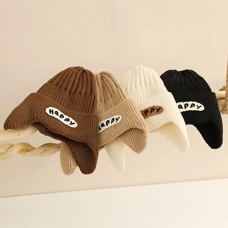 New Letter Happy Baby Hat for Girls Boys Autumn Winter Knit Beanies Hat Outdoor Warm Toddler Cap Infant Head Cover Earflap Cap