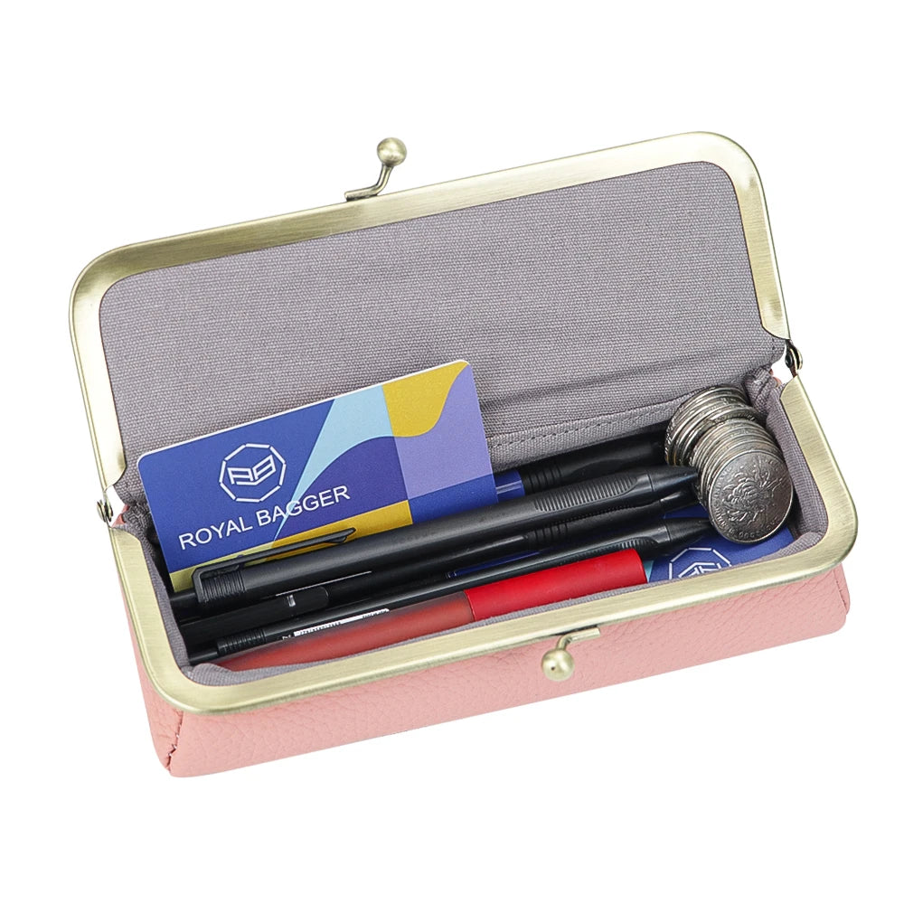 Royal Bagger Genuine Leather Glasses Case, Fashion Pencil Bag with Kiss Lock, Portable Coin Purse for Women 1840