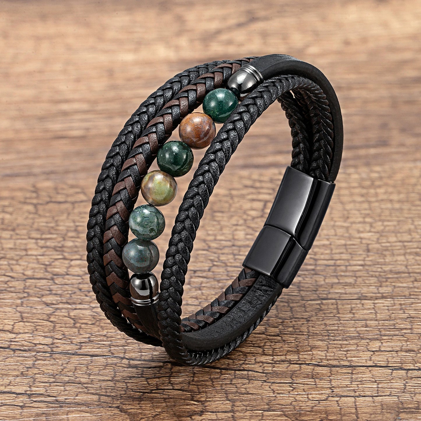 Natural Round Lava Stone Beaded Charm Bracelet Men Multilayer Woven Leather Bracelet Fashion Tiger Eye Jewelry Boyfriend Gift