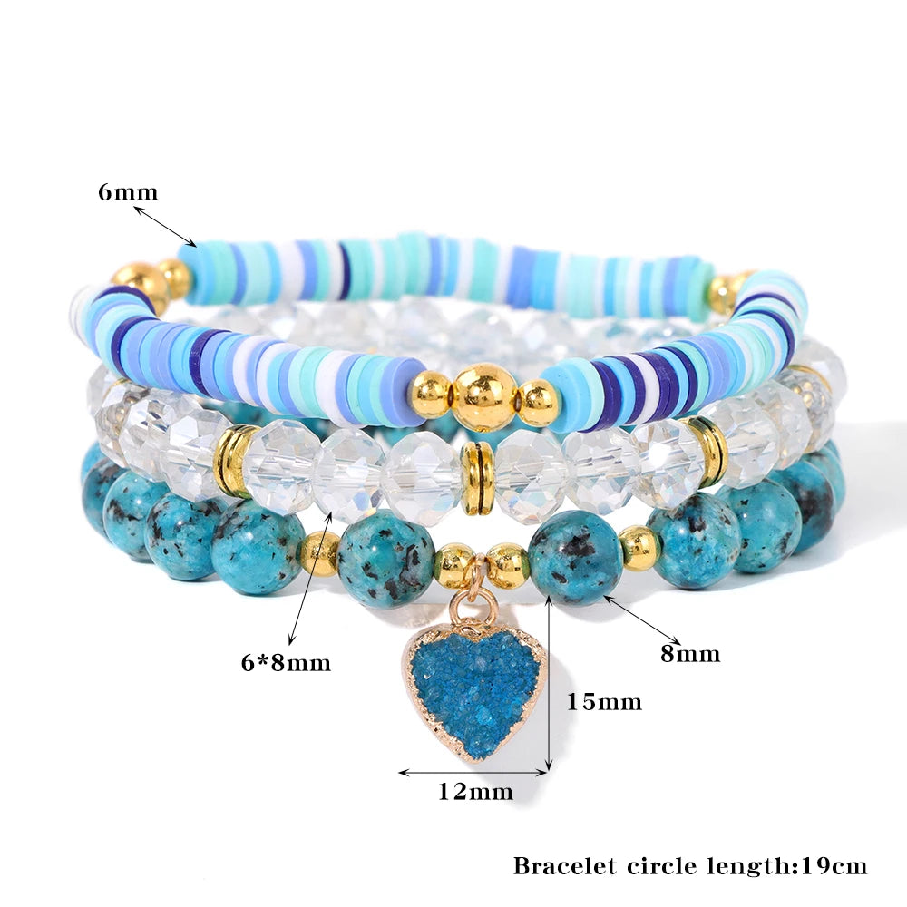 3Pcs/Set Bohemia Colorful Stone Bracelets Faceted Quartzs Crystals Beaded Bracelet Heishi Polymer Clay Beads Bracelet Men Women