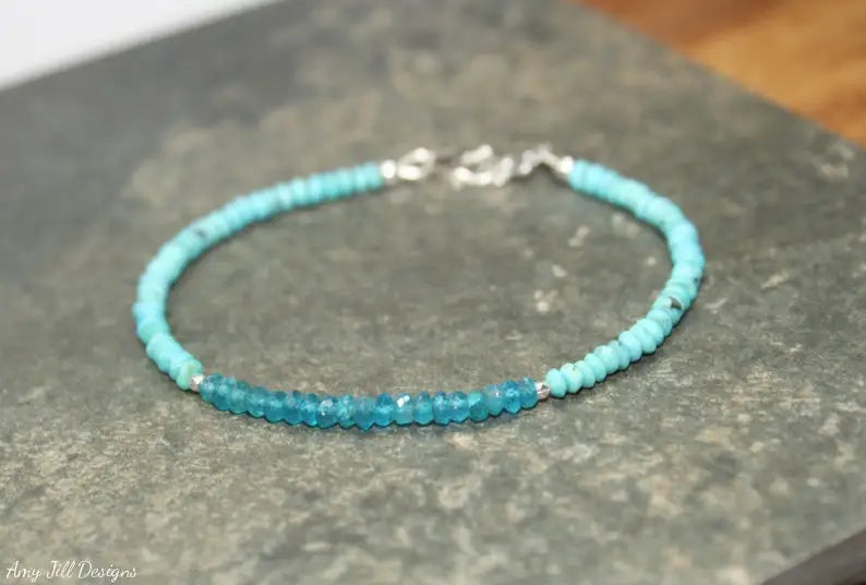 Sleeping Beauty Turquoise & Neon Apatite Bracelet, Hill Tribe Silver Beads, Sleeping Beauty Turquoise Jewelry