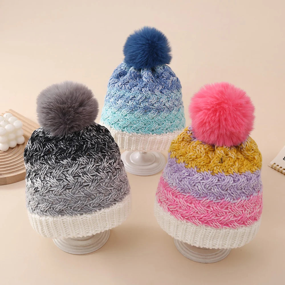 Winter Knitted Hat Children's Inner Velvet Color Matching Woolen Caps Boys Girls All Match Ear Protection Beanie Hats For Kids