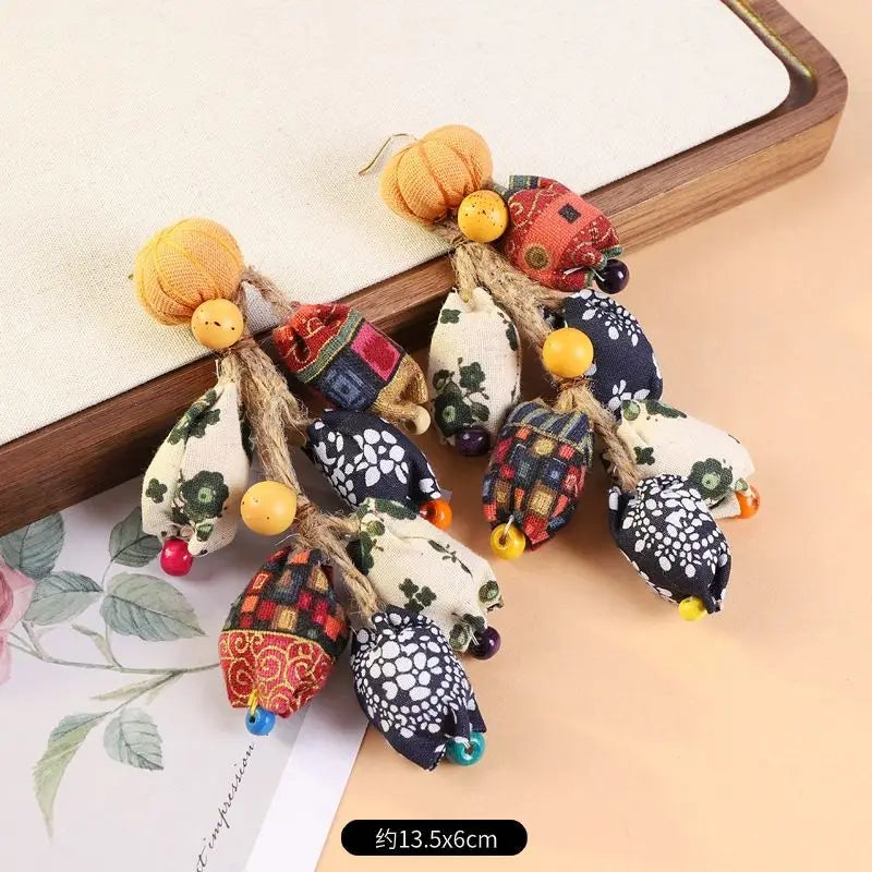 Unique Fabric Flower Earrings Creative Handmking Statement Jewelry Exaggerated Boho Earrings Vintage Ethnic Tassel Long Earrings