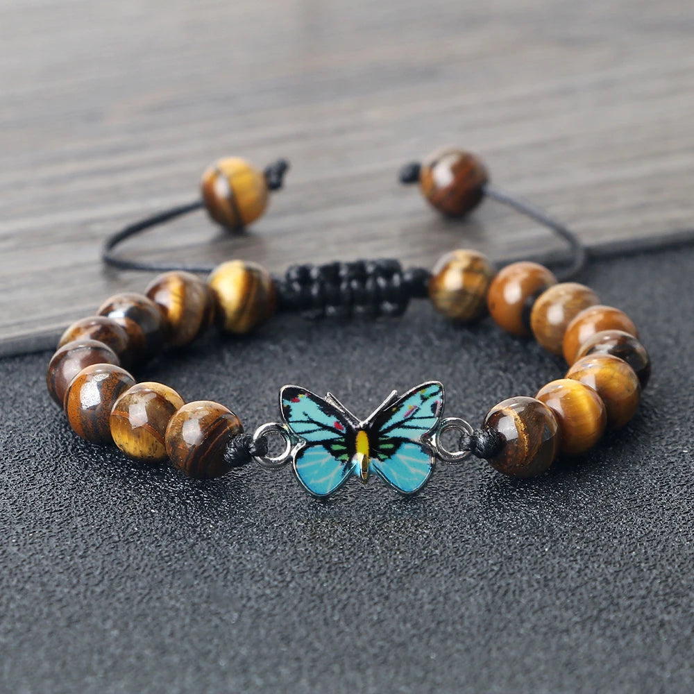 Men Bohemian Blue Butterfly Bracelet Handmade Women Natural Stone Agate Black Lava Beads Bracelets Bangles Fashion Wrist Jewelry
