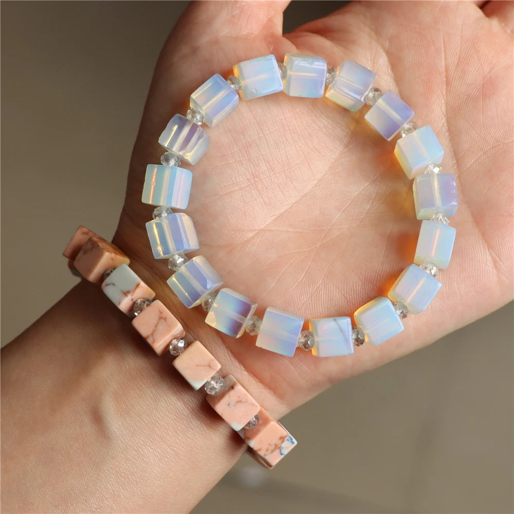 Natural Stone 8mm Square Cube Beads Bracelet Opal Turquoises Imperial Stone Barcelets for Women Men Elastic Bracelet Bangle Gift