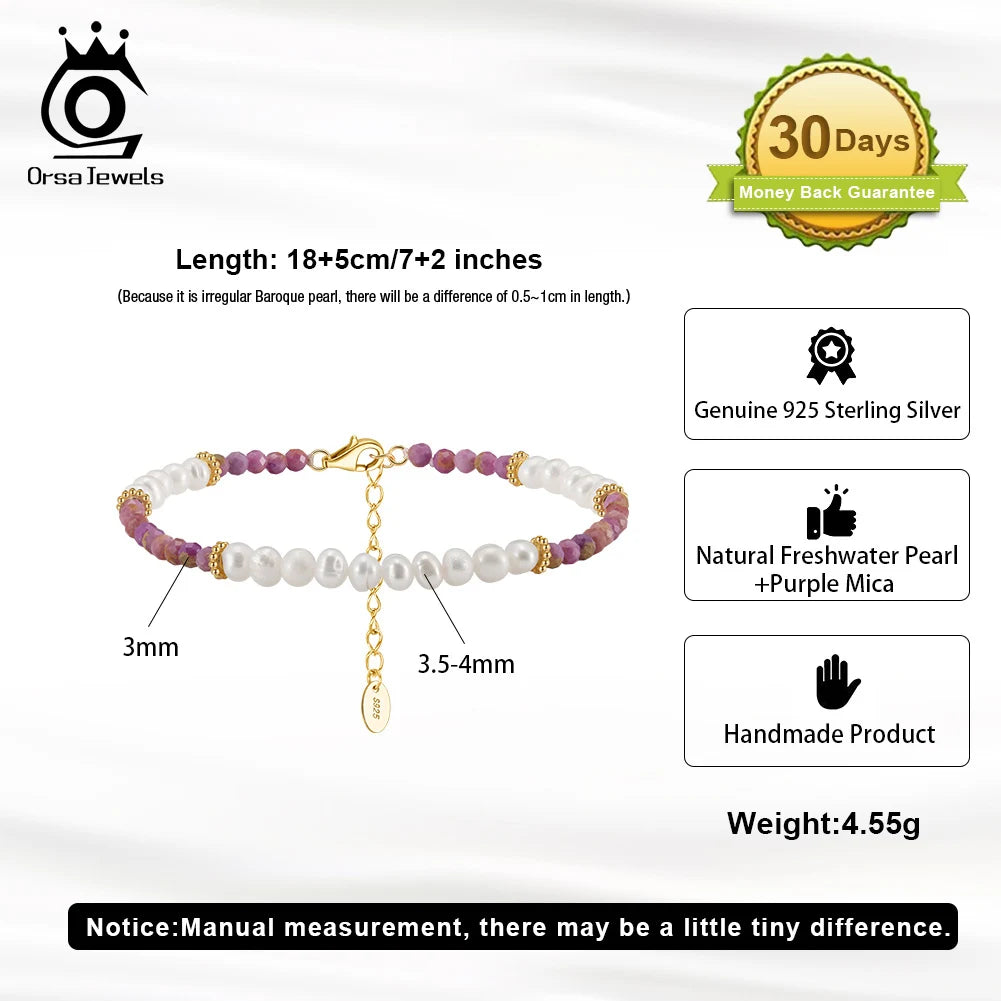 ORSA JEWELS 14K Gold 925 Sterling Silver Purple Mica Chain Bracelet with Exquisite Natural Pearl for Women Jewelry MPB02