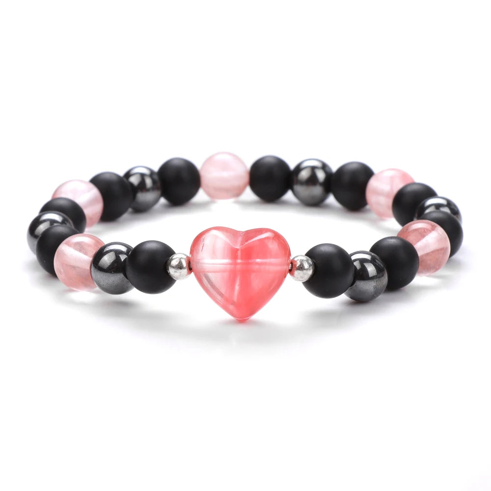 8mm Natural Stone Bracelet Love Heart Shape Tiger Eye Agates Quartz Beads Charm Bracelet for Women Men Fashion Jewelry Gift