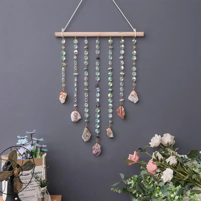 Natural Raw Stones 7 Chakras Crystals Reiki Healing Wooden Hanging Ornament Gemstones Suncatcher Home Decor for Yoga Meditation