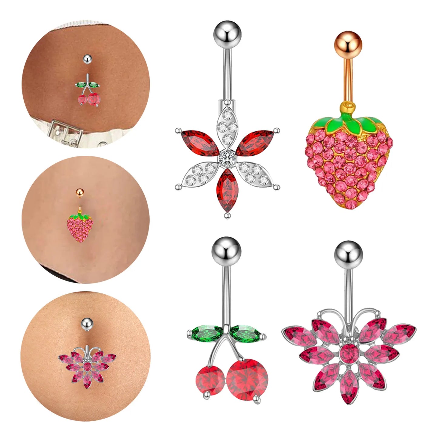 New Cherry Strawberry Flower Belly Button Rings Dangle Navel Barbell Piercing for Women Christmas Gifts