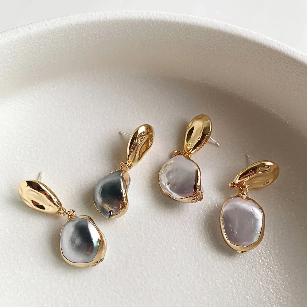 Minar Unique Design Irregular Baroque Pearl Long Drop Earrings for Women Gold Color Metal Geometric Dangle DEarrings Oorbellen