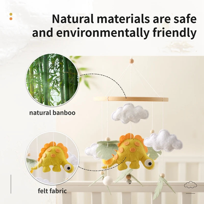 Hemasa  Dinosaur Baby Wooden Mobile Musical Bed Bell Hanging Toy 0-12 Month Newborn Infant Crib Gift Holder Brackets