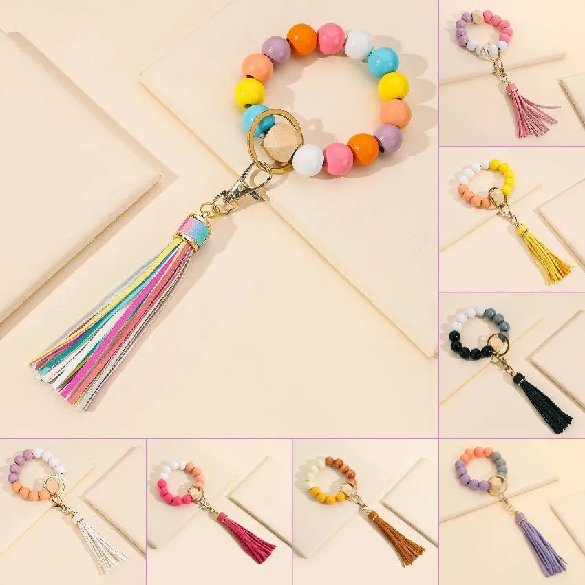 Hemasa Silicone Wooden Beads Wristlet Bracelet Keychain For Women Girl Keychain