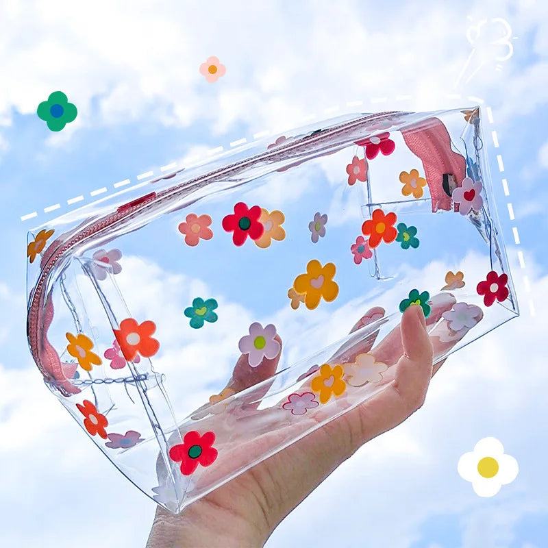 Kawaii Cute Transparent Cosmetic Bag Large Capacity Portable 2023 New Print Fruit Heart Pattern Pencil Case Makeup Storage Bag