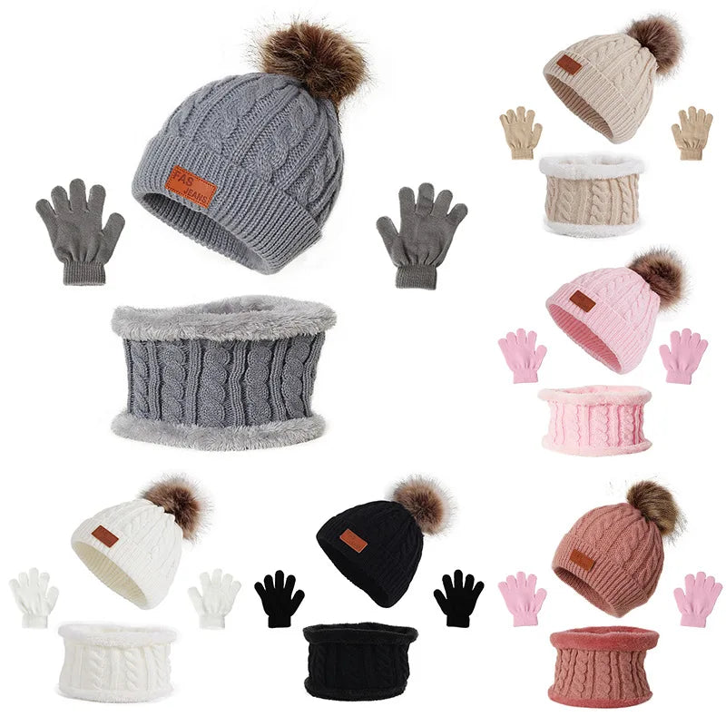Baby Boys Girls Winter Hat Scarf Gloves Set 3 Pieces Sets Keep Warm Kids Winter Beanies Loop Scarf Glove Set New 2024 Cute