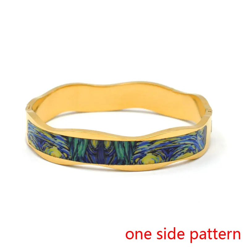 Hemasa Stainless Steel Open Bangle For Women Gold Geometric Colorful Enamel Painted Bracelet