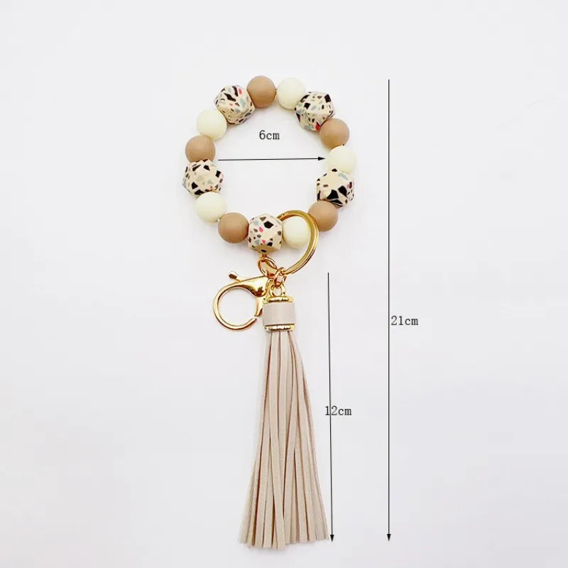 New Creative Silicone Beaded Flow Wood Bead Bracelet Key ChainBag Pendant Key Chain West Bohemian Style Bracelet Key Chain