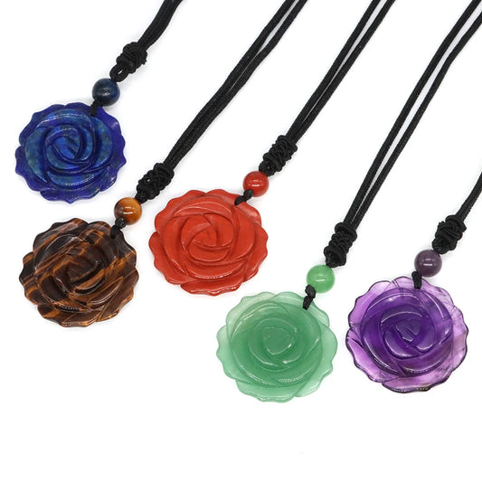 Hemasa 30mm Rose Flower Stone Pendant Necklace/ Natural Healing Crystals Amethyst Tiger Eye Agate Bead Neckalce