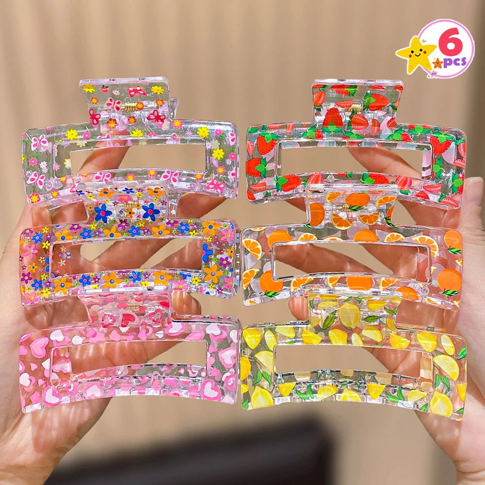 6 square fruit printed hair claws for women, simple and elegant, suitable for daily travel
