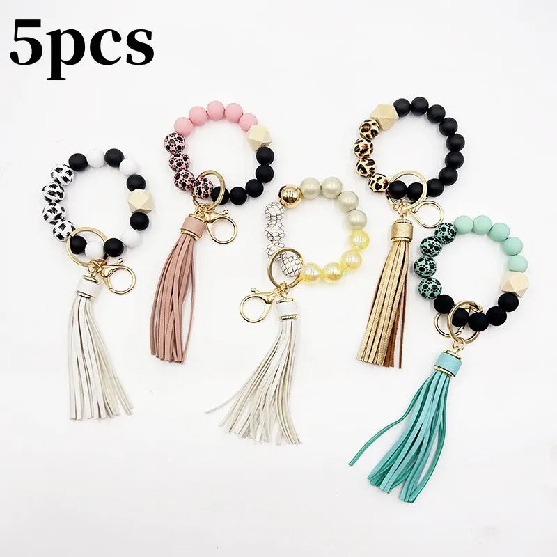 Hemasa Silicone Beads Keychain Bracelet with Tassels for Women