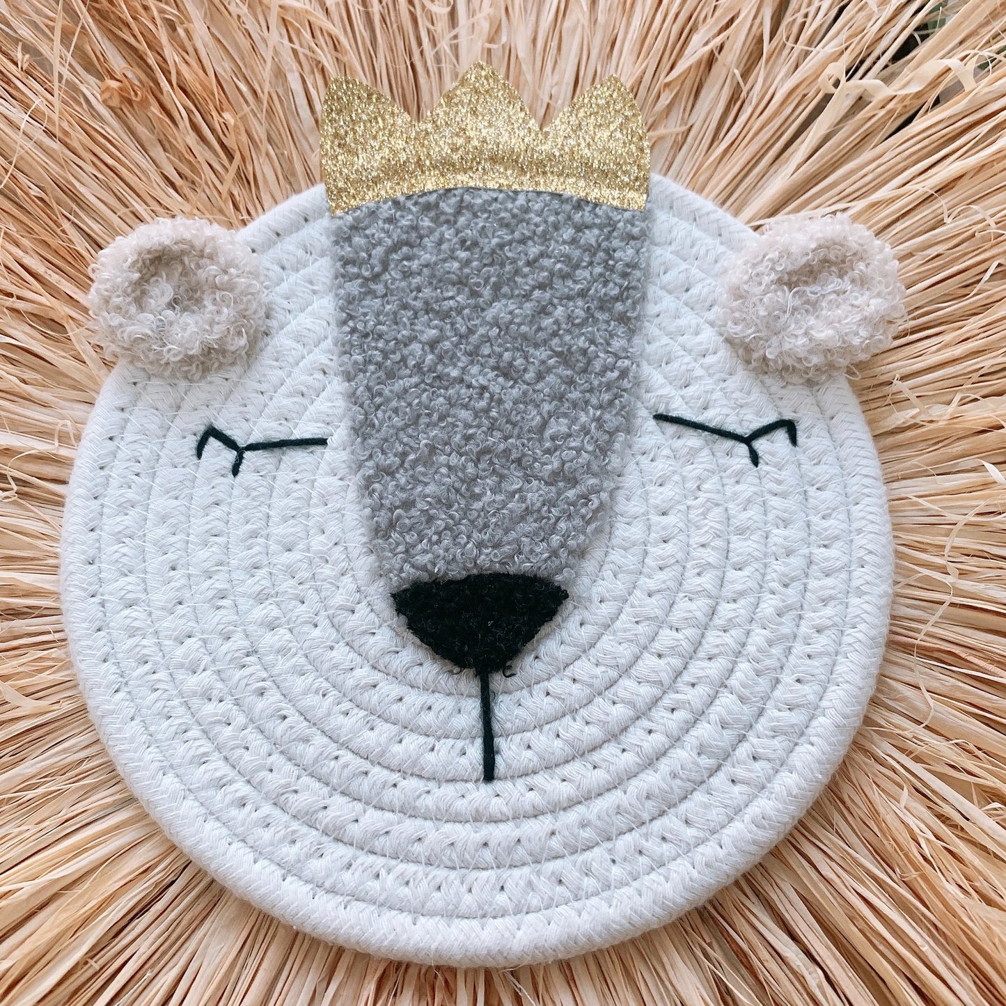Nordic Nursery Decor Raffia Straw Bear Lion Face Wall Hanging Handmade Lion Boys Kids Room Nursery Hanging Decoration Gifts