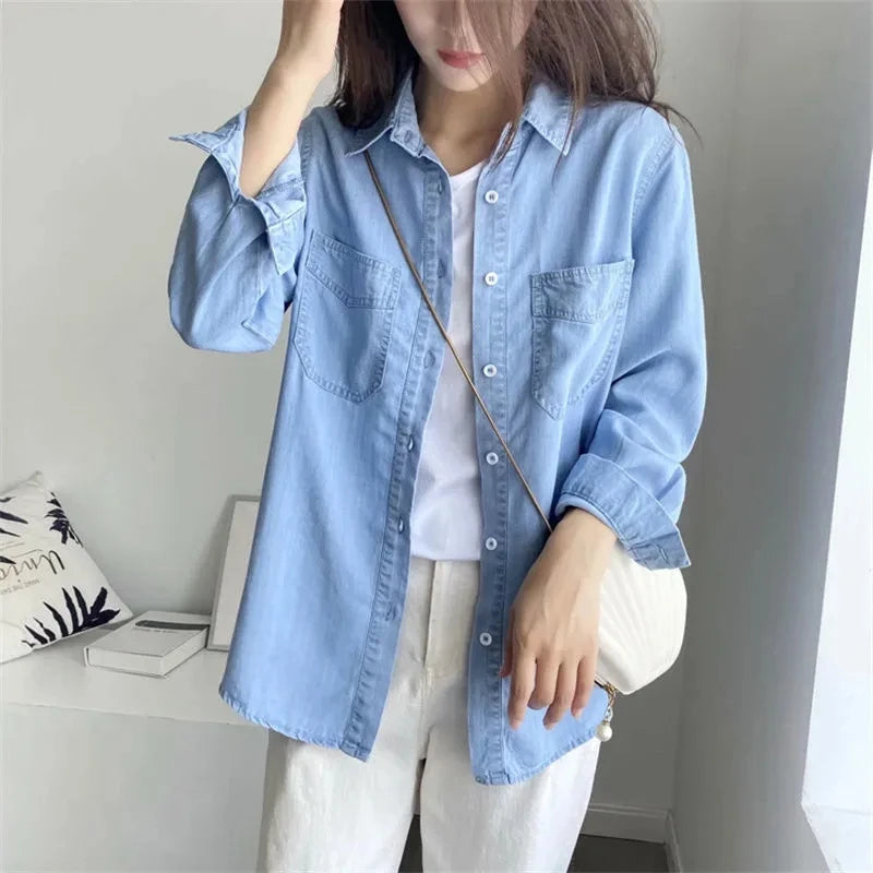 Hemasa Spring Autumn Women Soft Denim Shirt Coat Female Loose Fit Fashion Jeans Cardigan Blouse Jacket