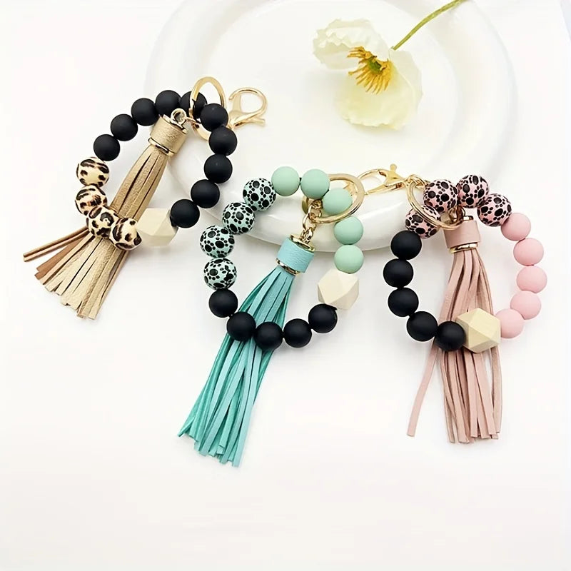 Hemasa Silicone Beads Keychain Bracelet with Tassels for Women