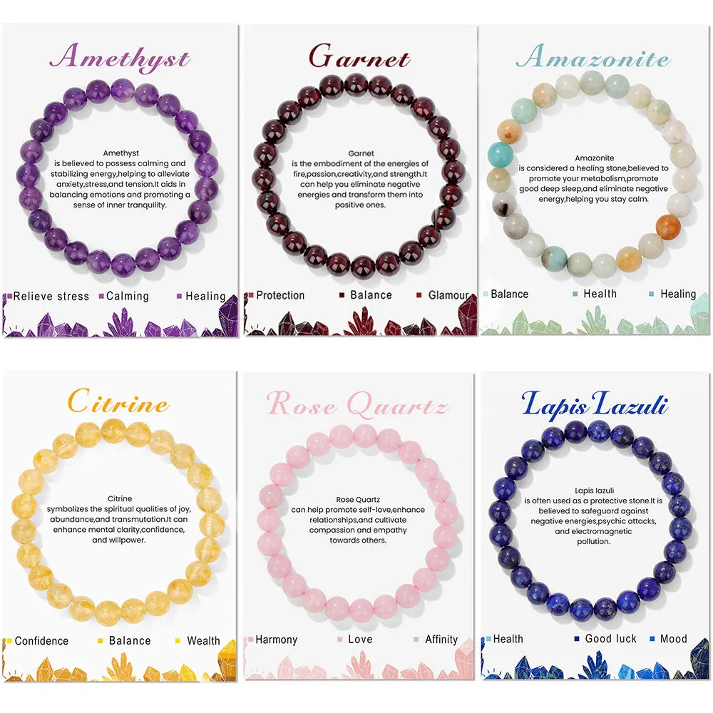 8mm Natural Stone Beads Bracelet Amethysts Lapis Lazuli Rose Pink Quartzs Crystal Stretch Bracelet With Card For Women Men Gift