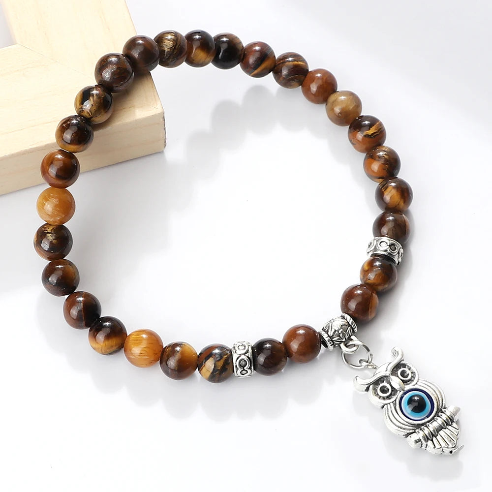 6 8mm Chakra Beads Men Bracelets Charm Owl Evil Eye Pendant Classic Tiger Eye Stone Agate Quartz Malachite Women Yoga Jewelry