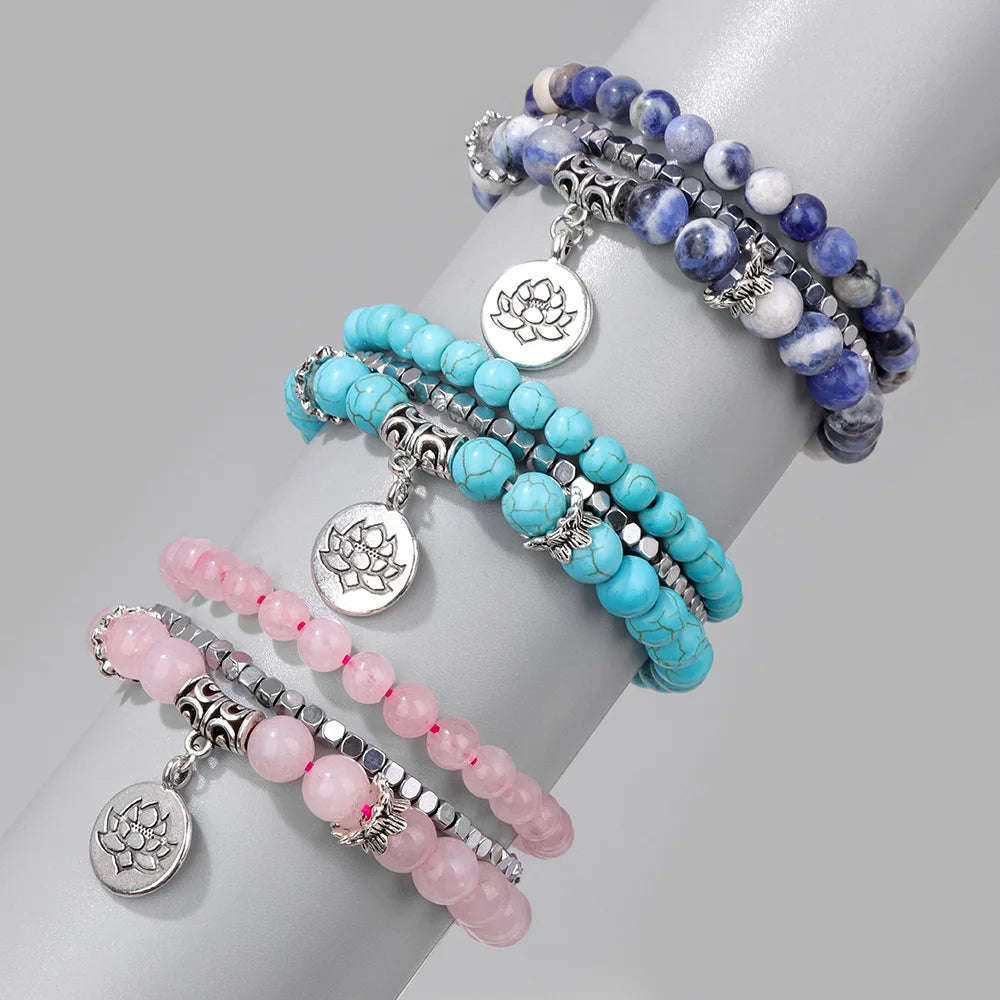 Natural Stone Lotus Buddha Beads Amethysts Agates Lapis lazuli Tiger Eye Turquoises Bracelet For Women Men Yoga bracelet Femme