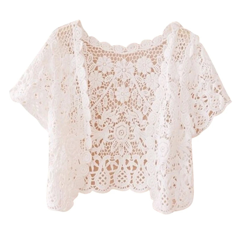 M2EA Womens Short Sleeve Open Front Lace Cardigan Floral Crochet Sheer Beach Cover Up Shrugs Crop Bolero Jackets for Dresses