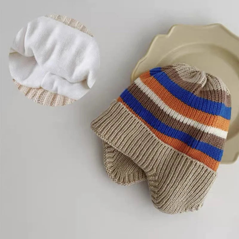 Autumn Winter Baby Hat Fashion Striped Knitted Hats for Boys Girls Toddler Infant Pullover Cap Ear Protection Kids Accessories