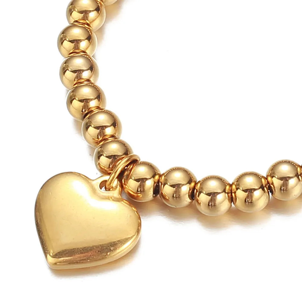 New Original Solid 316L Stainless Steel Beads Chain Bracelet Heart Pendant for Men Women IP Gold Plated Metal Jewelry Gift