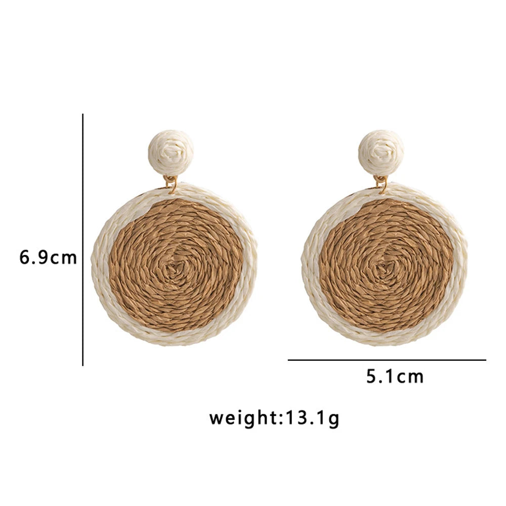 1 or 4 PAIRS Raffia Boho Hoop Earrings for Women Bohemia Summer Beach Earring Straw Wicker Rattan Dangle Round Drop Earrings