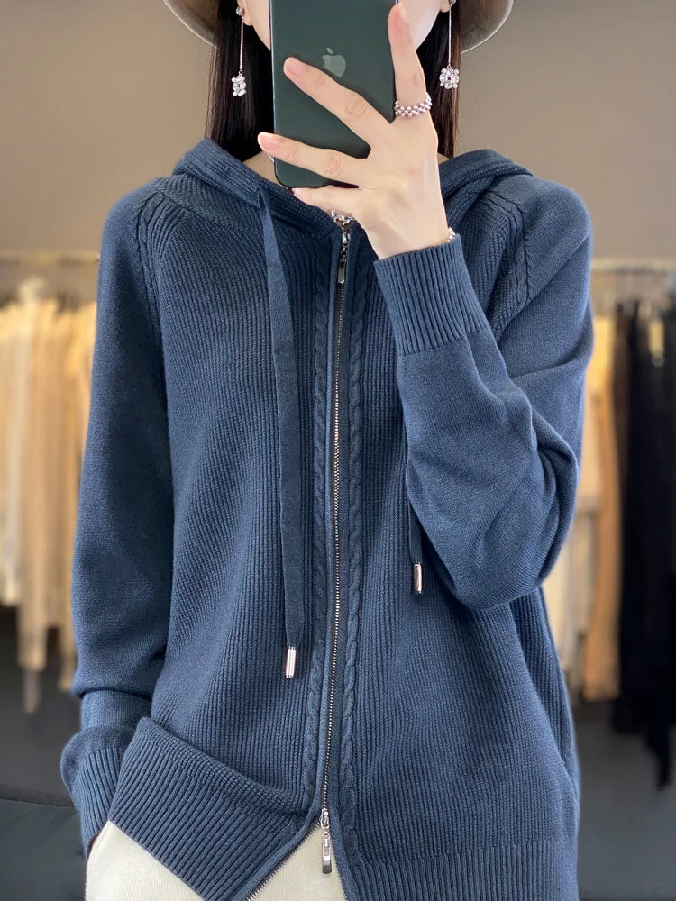 Hemasa Spring/Summer Hooded Cardigan Women's Knitted Top Loose Sweater Casual Color Double Zipper Cardigan Top