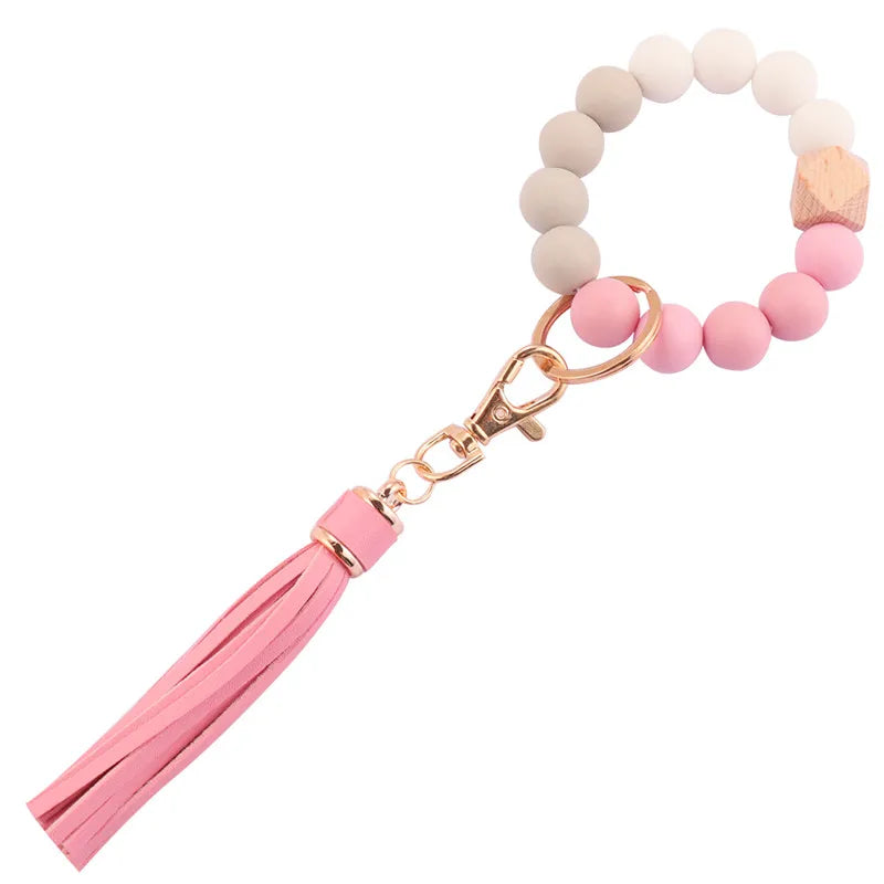 Hemasa Silicone Wood Beads Keychain Keyring For Women Wristlet Bracelet Pendant Keychain With Jewelry Accessories